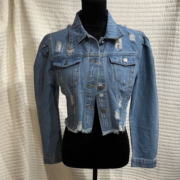 Jackets & Blazers - Denim Distressed Blue Puff Shoulder Cropped Jacket